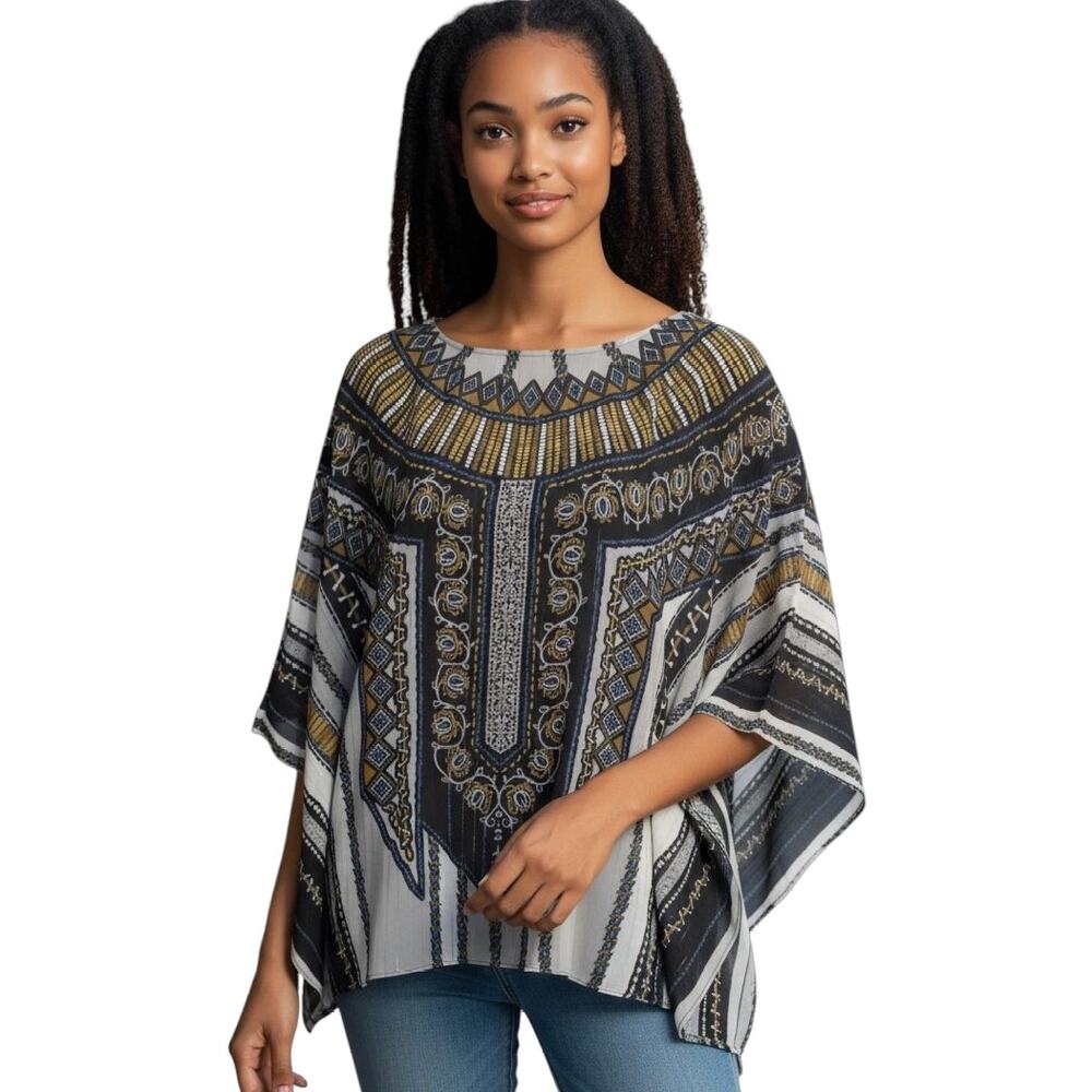 Bob Mackie Wearable Art Kaftan Top Womens 8 Sheer Boho Tunic Batwing Sleeve